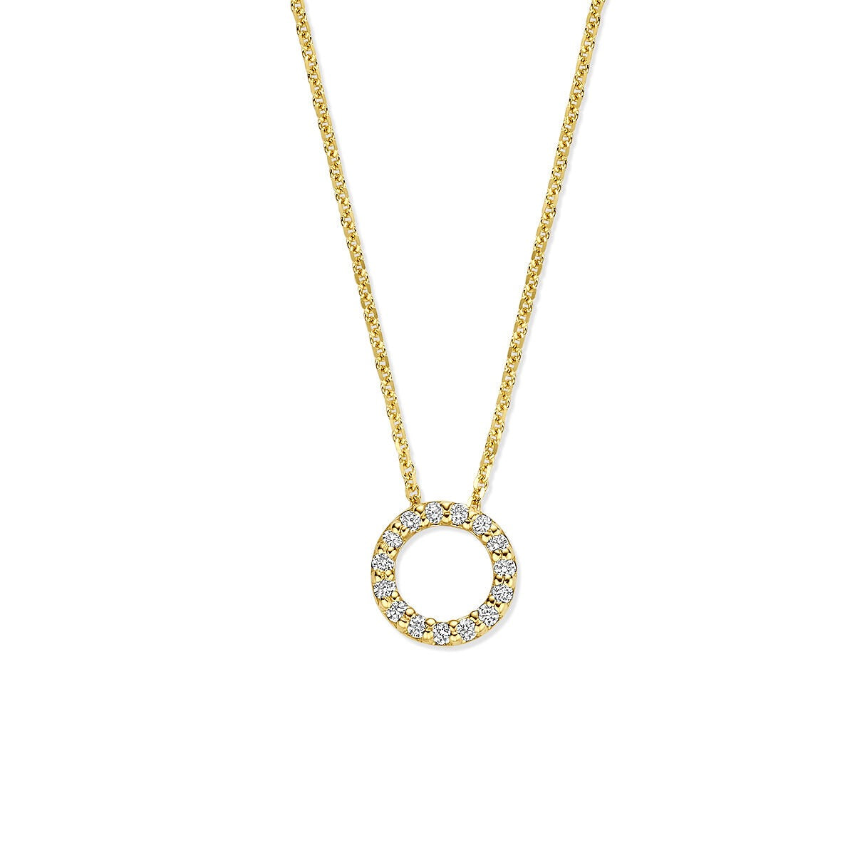 Geelgouden ketting met een ronde hanger bezet met lab grown diamanten.