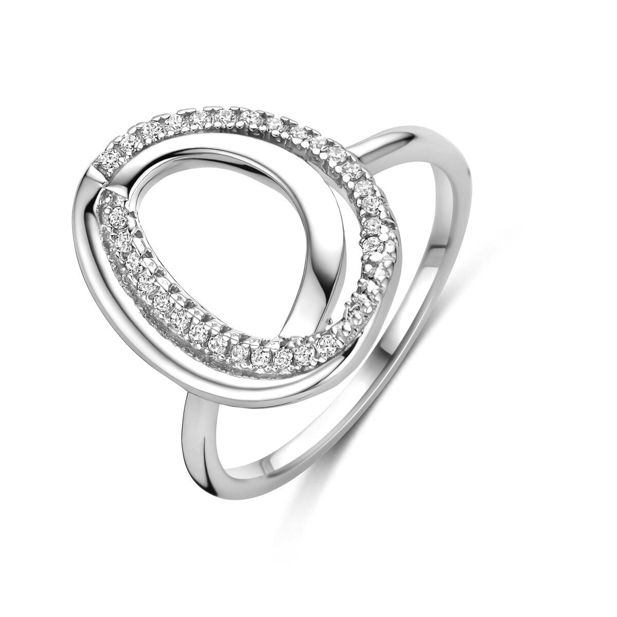 Zilveren damesring met breed design van 16 mm, versierd met zirkonia-steentjes.