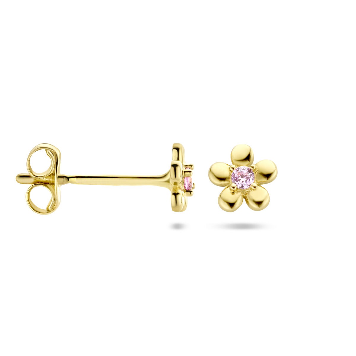 14k Geelgouden kinder oorknoppen bloem met roze zirkonia