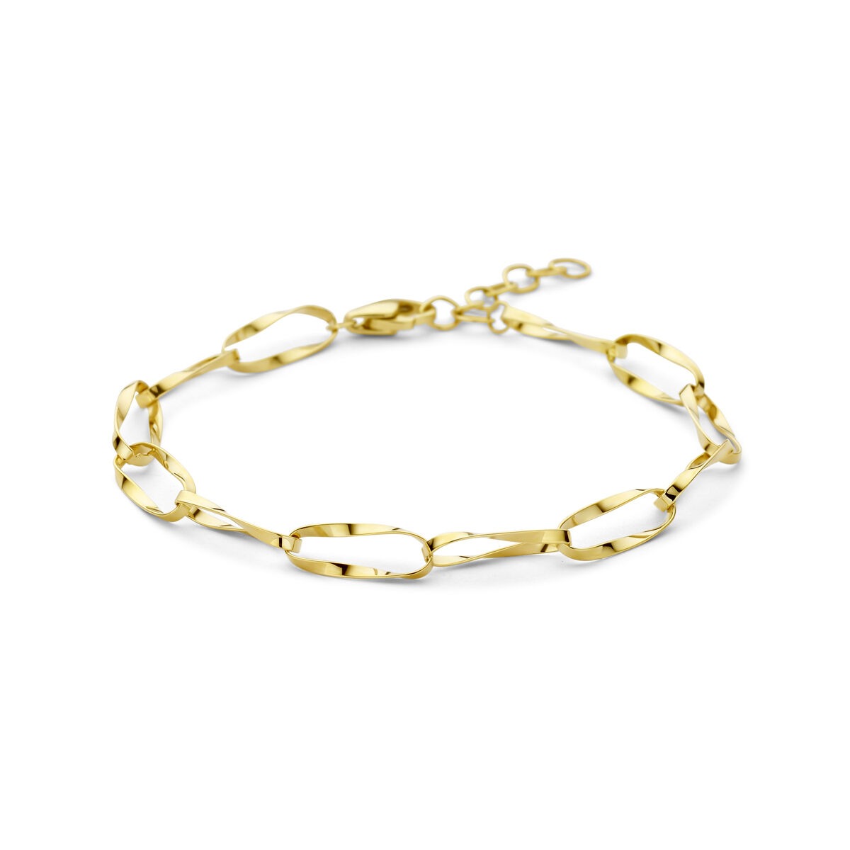 Geelgouden dames armband met anker schakels en een glanzende afwerking.