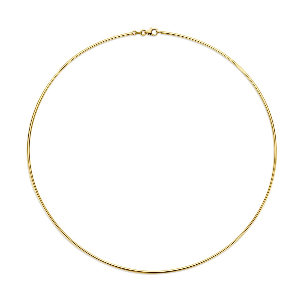 Gouden spangketting van 14k, 1,5 mm dik en 40 cm lang, met karabijnsluiting.
