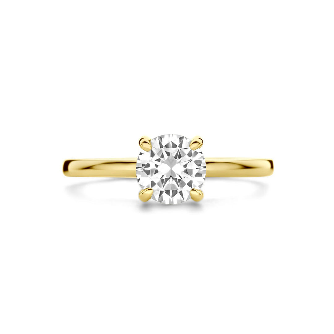 14k Geelgouden ring met solitaire zirkonia 6.5mm
