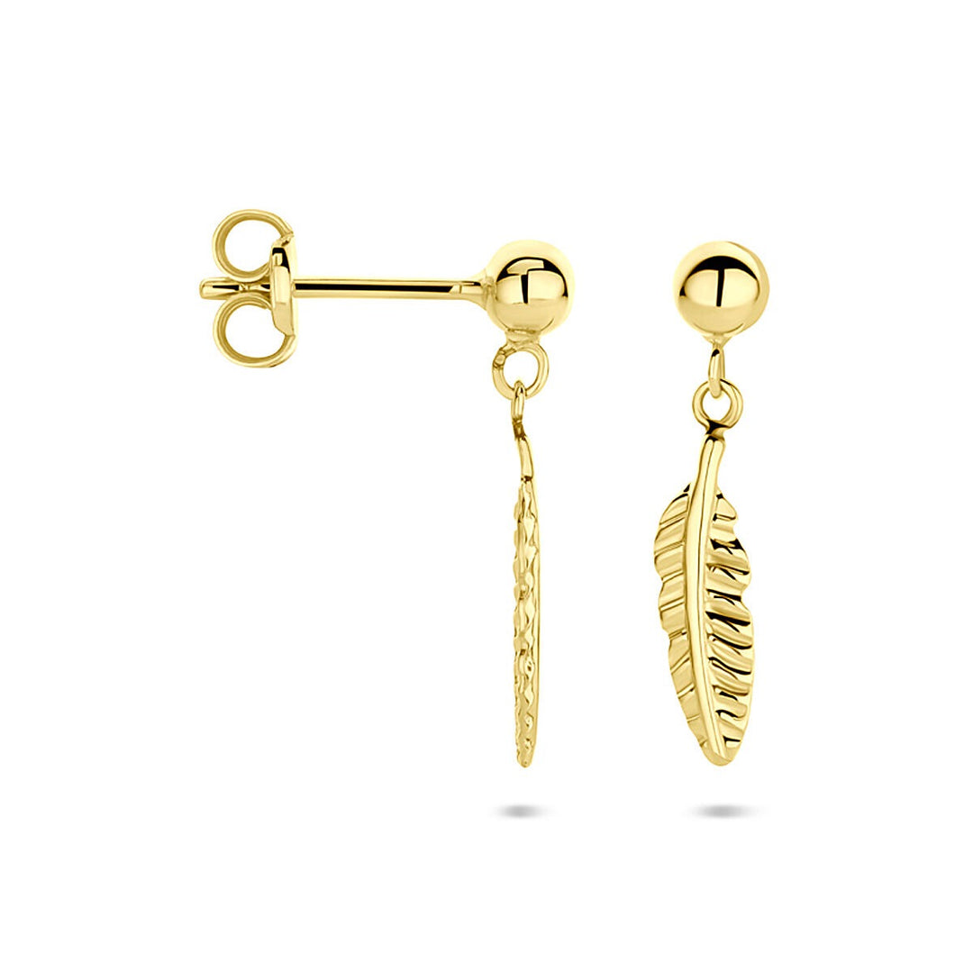 14k Geelgouden oorhangers in veervorm 17mm