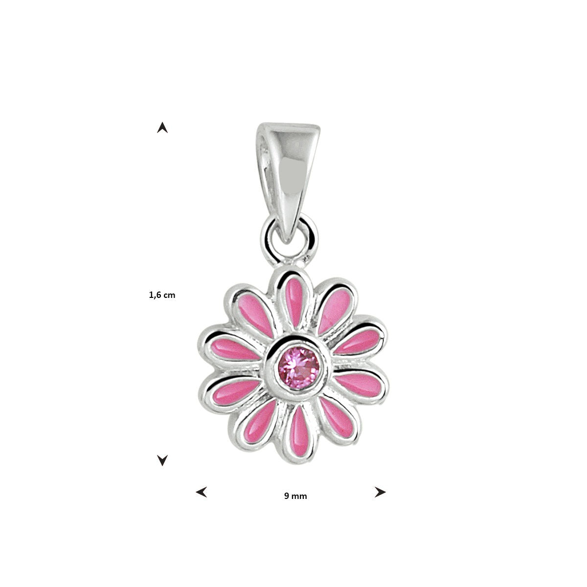 Zilveren kinderhanger bloem met roze zirkonia – gerhodineerd