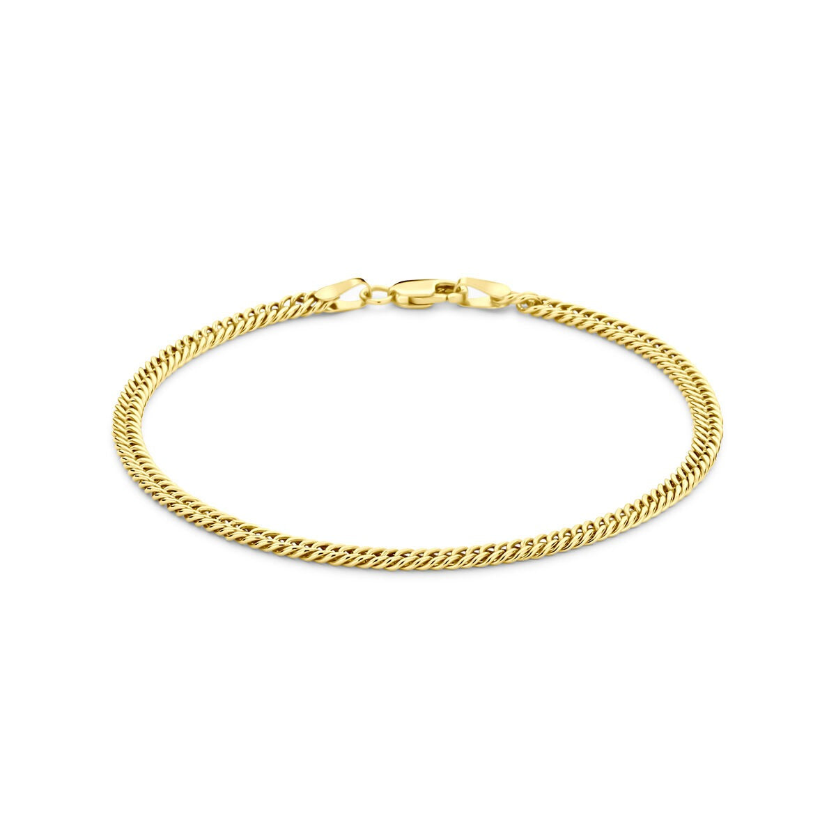 Geelgouden armband met een gourmette schakel en zilverkern, glanzende afwerking.