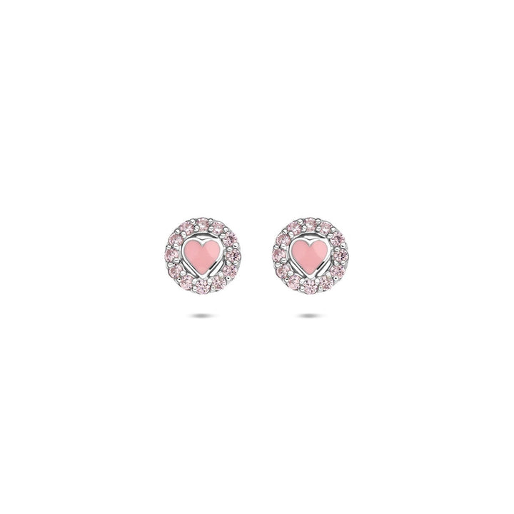Zilveren oorknoppen met emaille hart en roze zirkonia – 7 mm