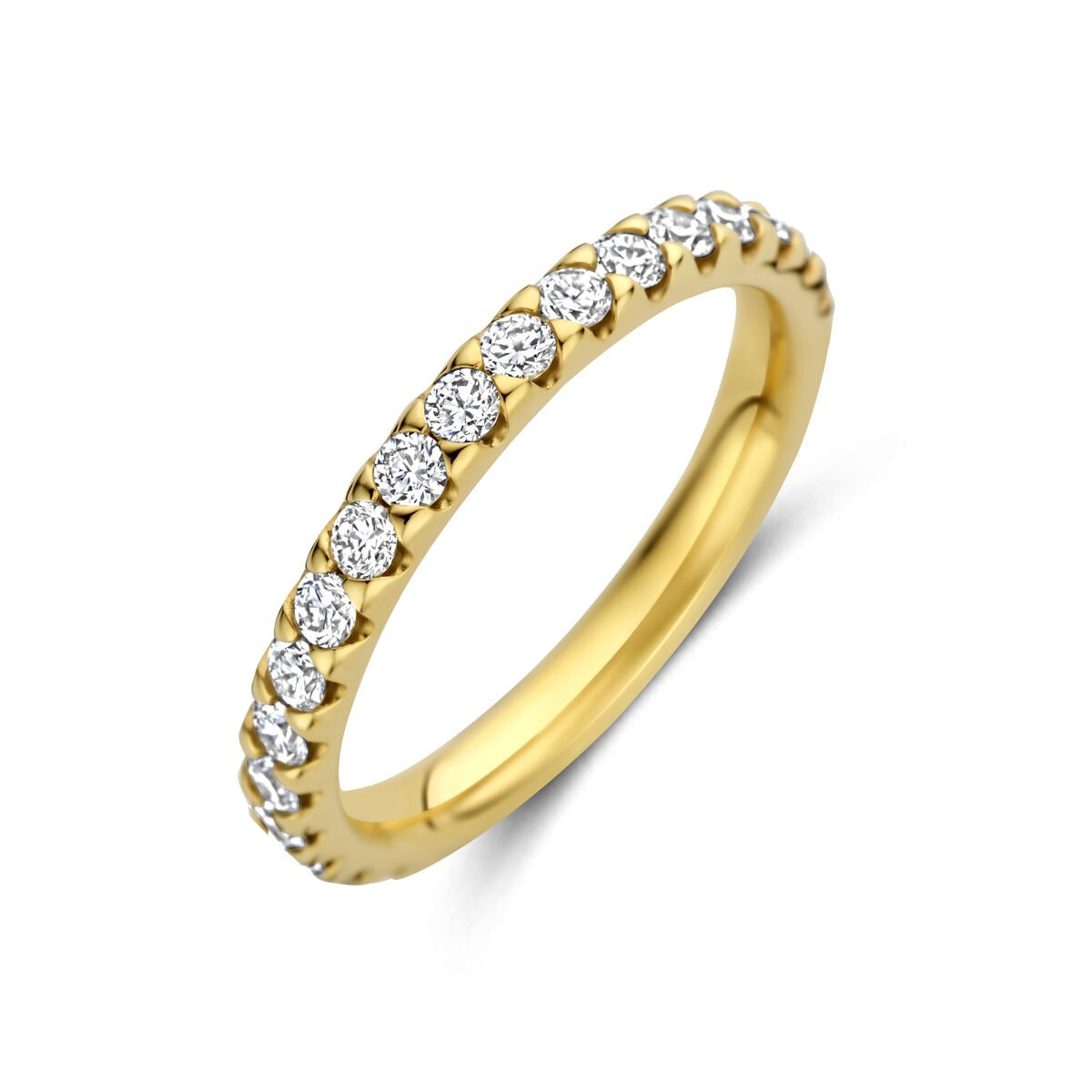 Gouden damesring van 14k geelgoud met een rij lab grown diamanten in een elegante setting.