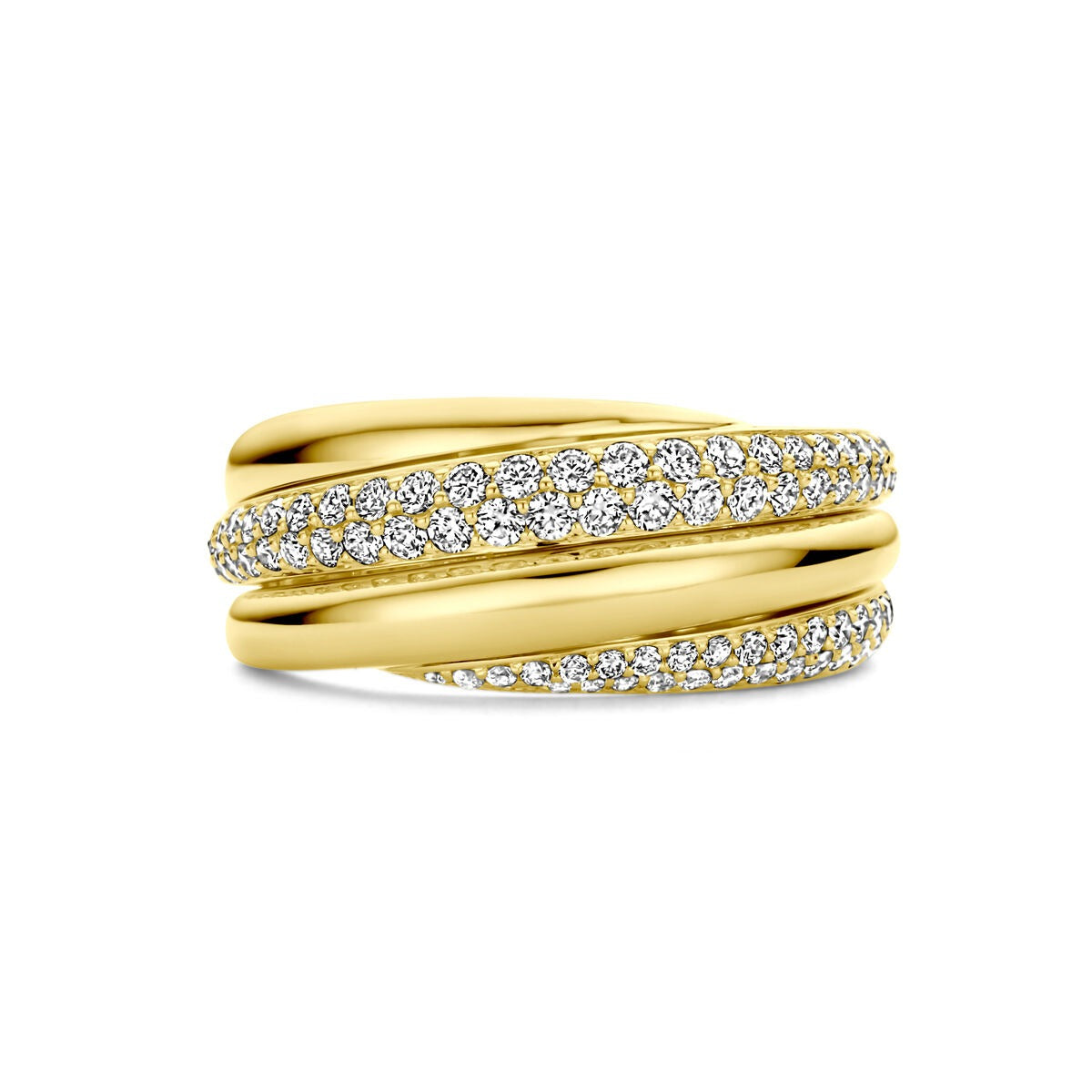 Bicolor gouden ring van 14k met diamant, 8 mm breed, met een golvende vorm en een rij fonkelende steentjes.
