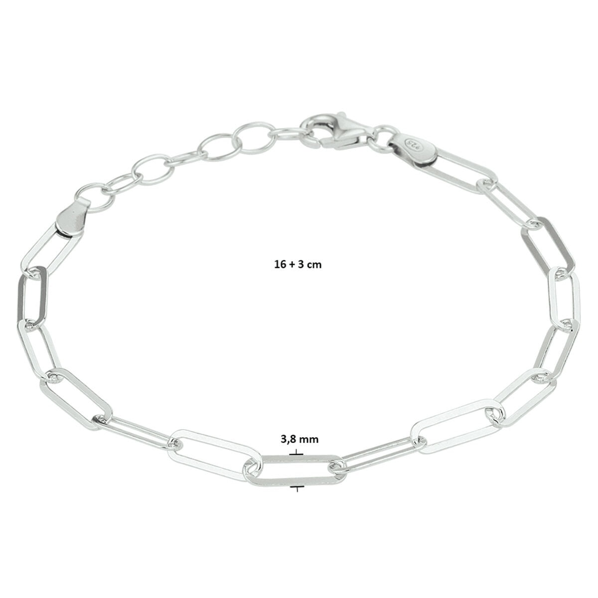 bracelet paper clip flat tube 3.8 mm 16 + 3 cm silver rhodium plated