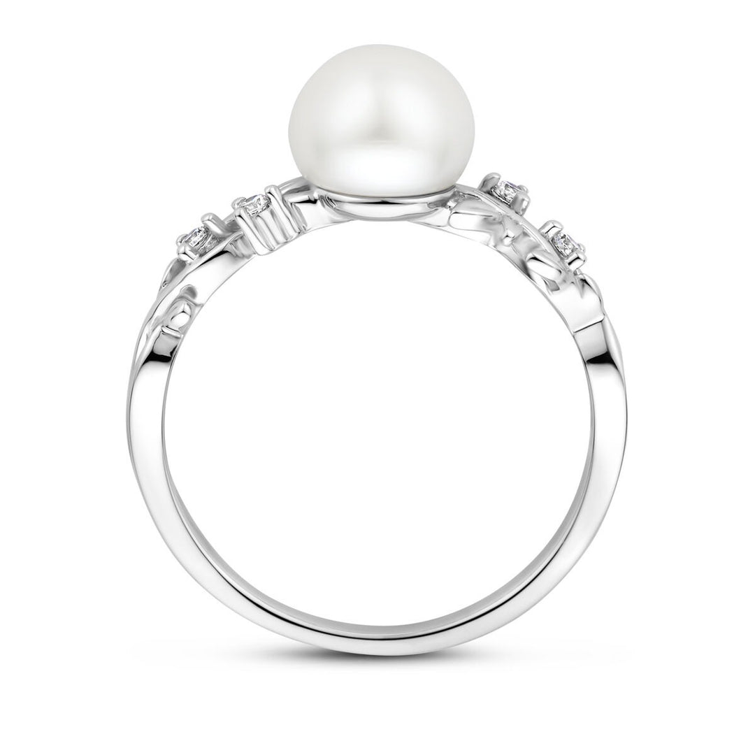 Zilveren ring met zirkonia en zoetwaterparel – gerhodineerd 925 zilver