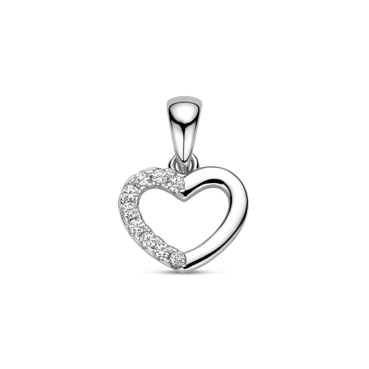 Zilveren hartjes hanger van gerhodineerd 925 zilver met zirkonia stenen aan één zijde.