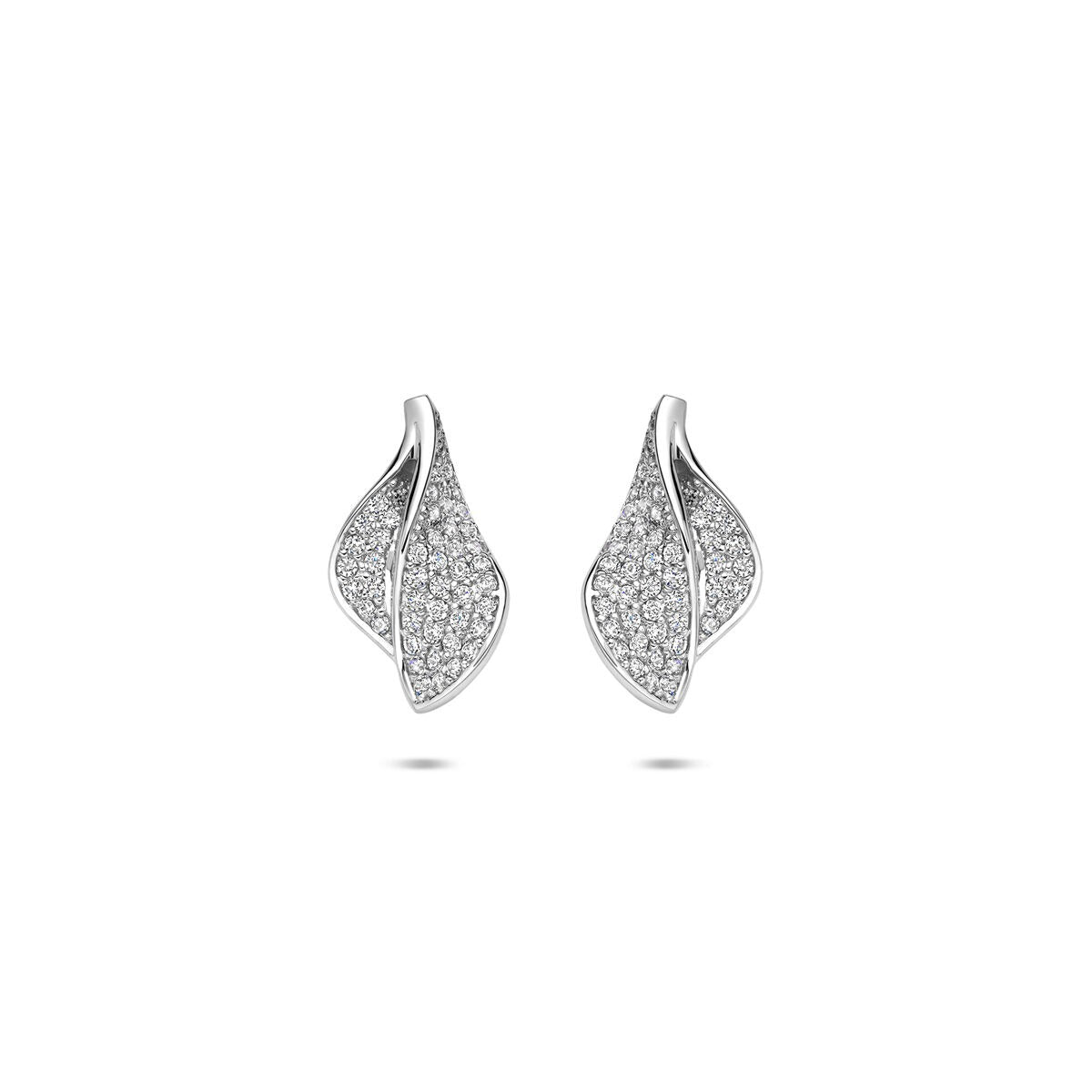 Zilveren oorknopjes in bladvorm met zirkonia, gerhodineerd 925 zilver.