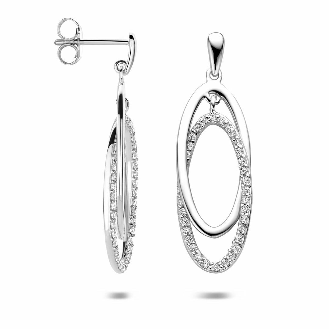 Zilveren oorhangers met zirkonia – ovaal gerhodineerd design 35 mm
