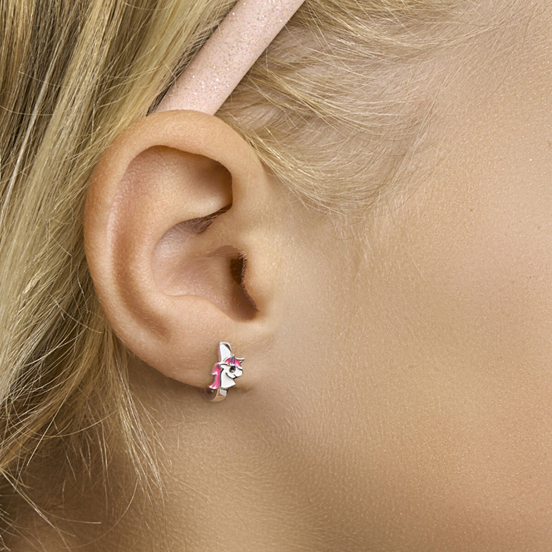 Gerhodineerd Zilveren Kinder Oorringen met Eenhoorn in Emaille