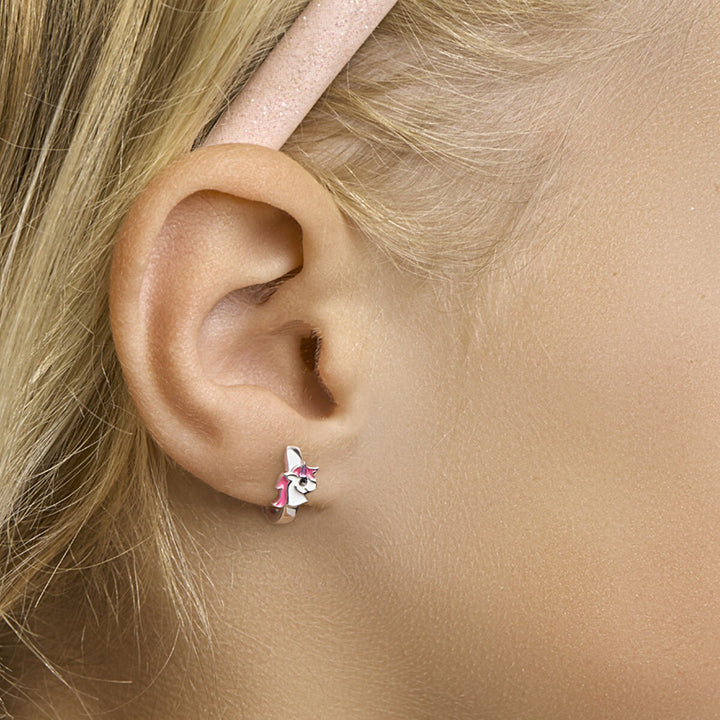 Gerhodineerd Zilveren Kinder Oorringen met Eenhoorn in Emaille