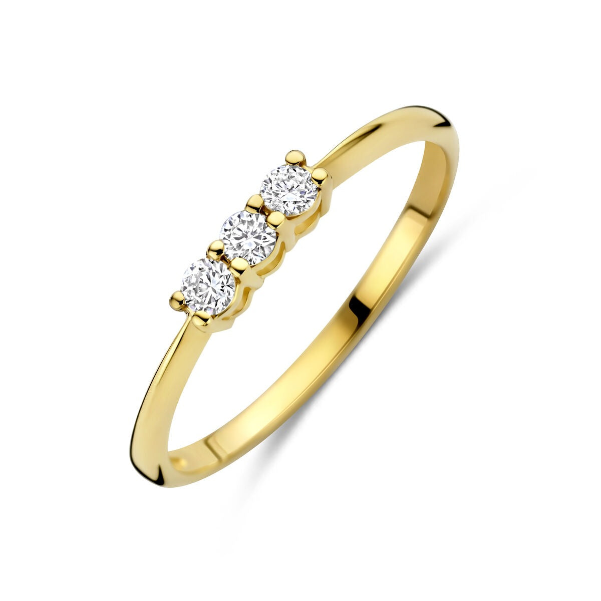 Geelgouden ring met drie lab grown diamanten in een eenvoudige zetting.
