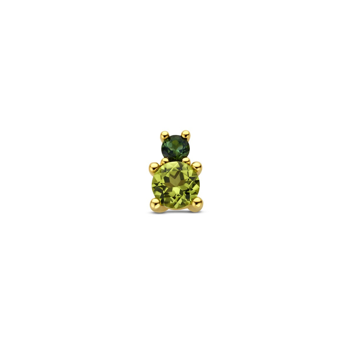 Geelgouden hanger met een grote peridoot en een kleinere groene toermalijn, beide rond geslepen.