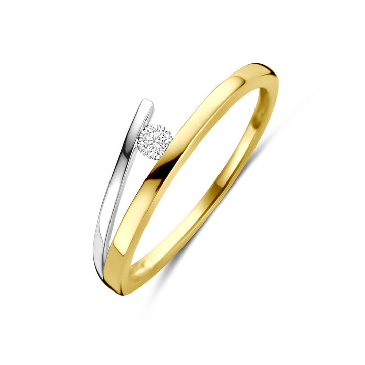 Bicolor gouden damesring met diamant – 14k geel- en witgoud