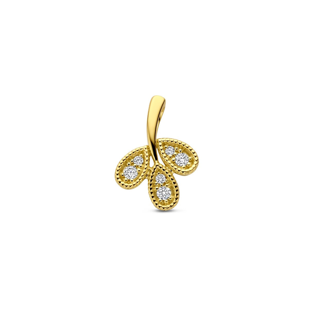 Geelgouden hanger in bloemvorm met drie diamanten, afgewerkt met een fijne rand.