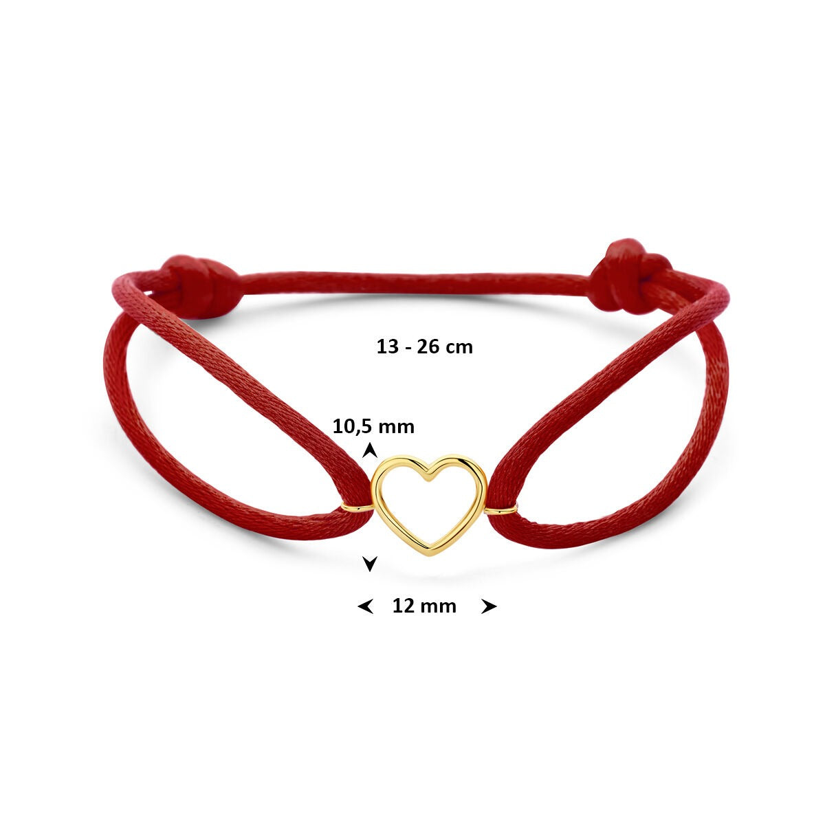 Rood satijn armband met 14k geelgouden hartje