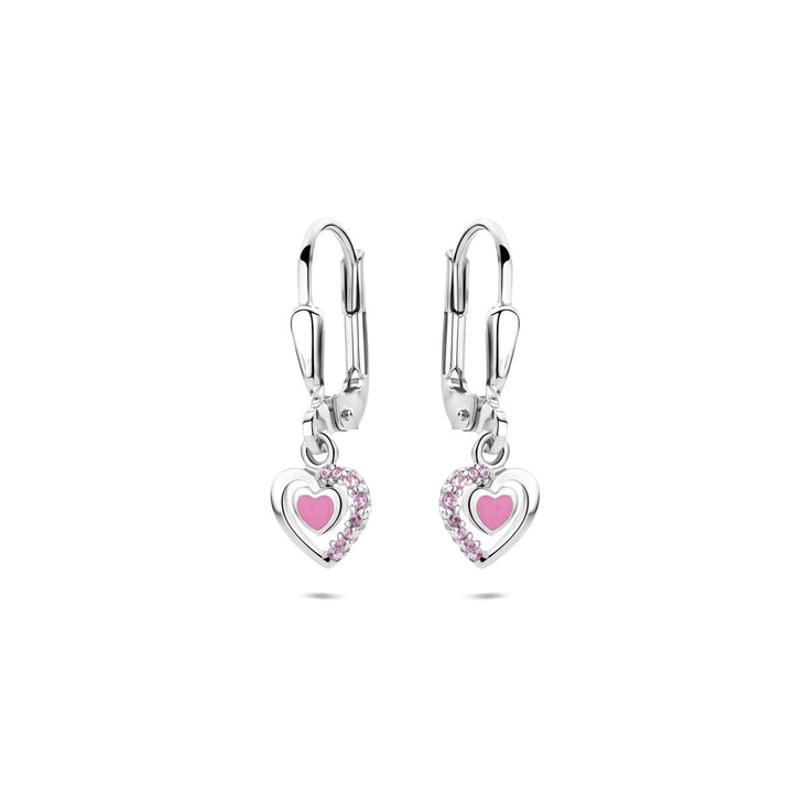 Zilveren oorhangers met emaille hart en roze zirkonia – 21 mm