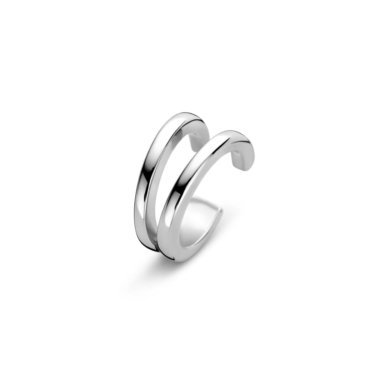 Gerhodineerde zilveren ear cuff met twee ronde bogen en een glanzende afwerking.