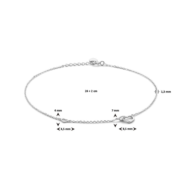 Zilveren enkelband met hartjes – gerhodineerd 925 zilver, 24–26 cm