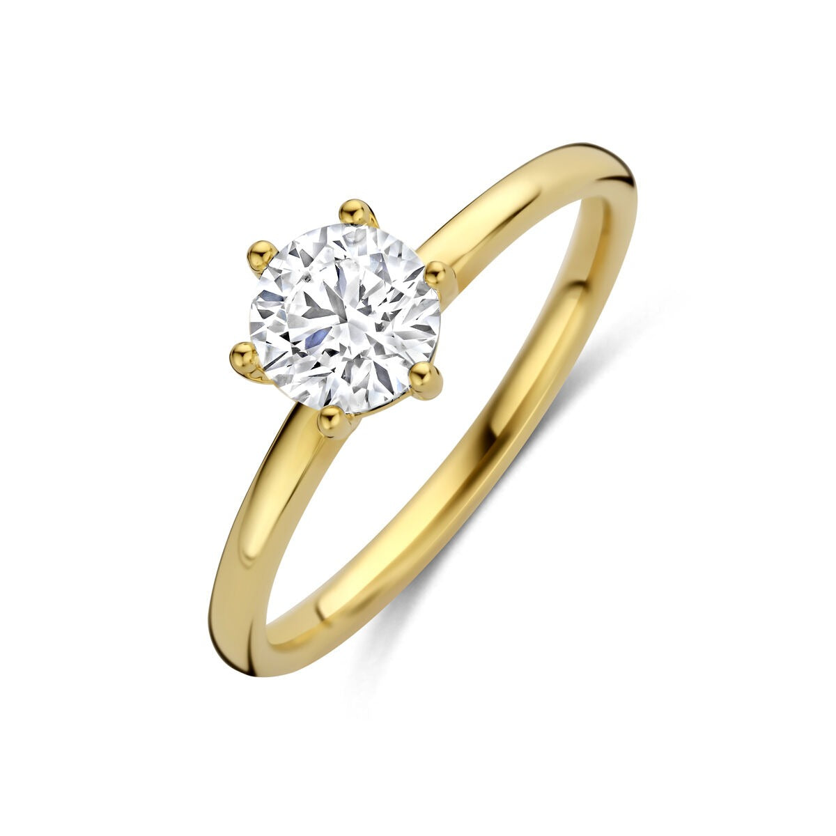 Gouden damesring van 14k geelgoud met een ronde lab grown diamant in een zes-punts zetting.