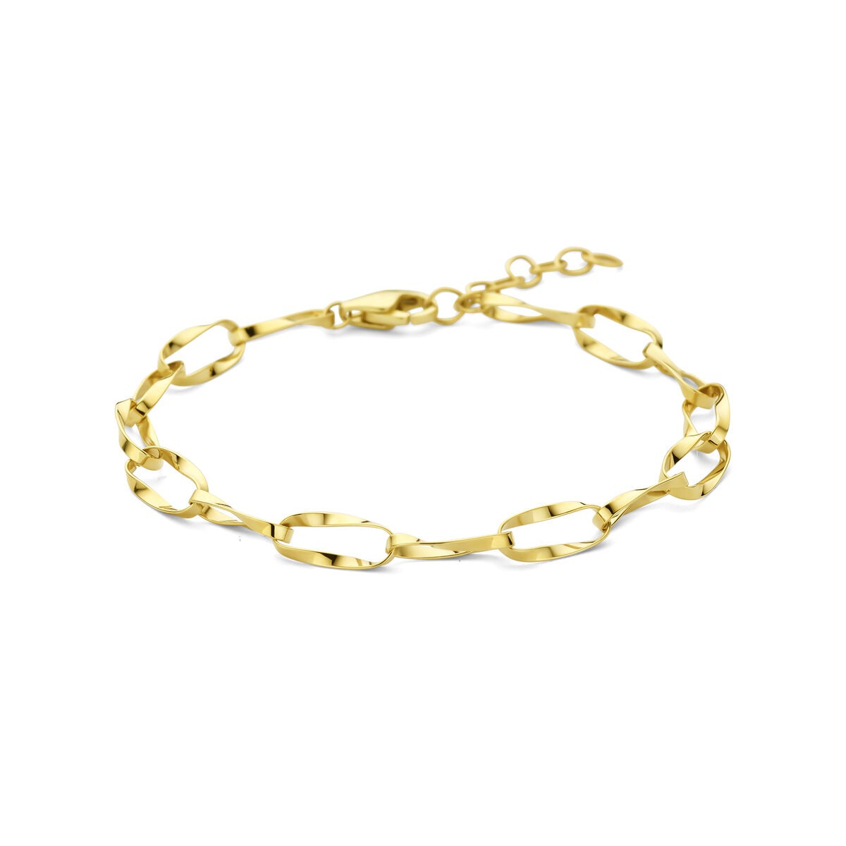 14k geelgouden armband met anker schakels, glanzende afwerking en een karabijnsluiting.