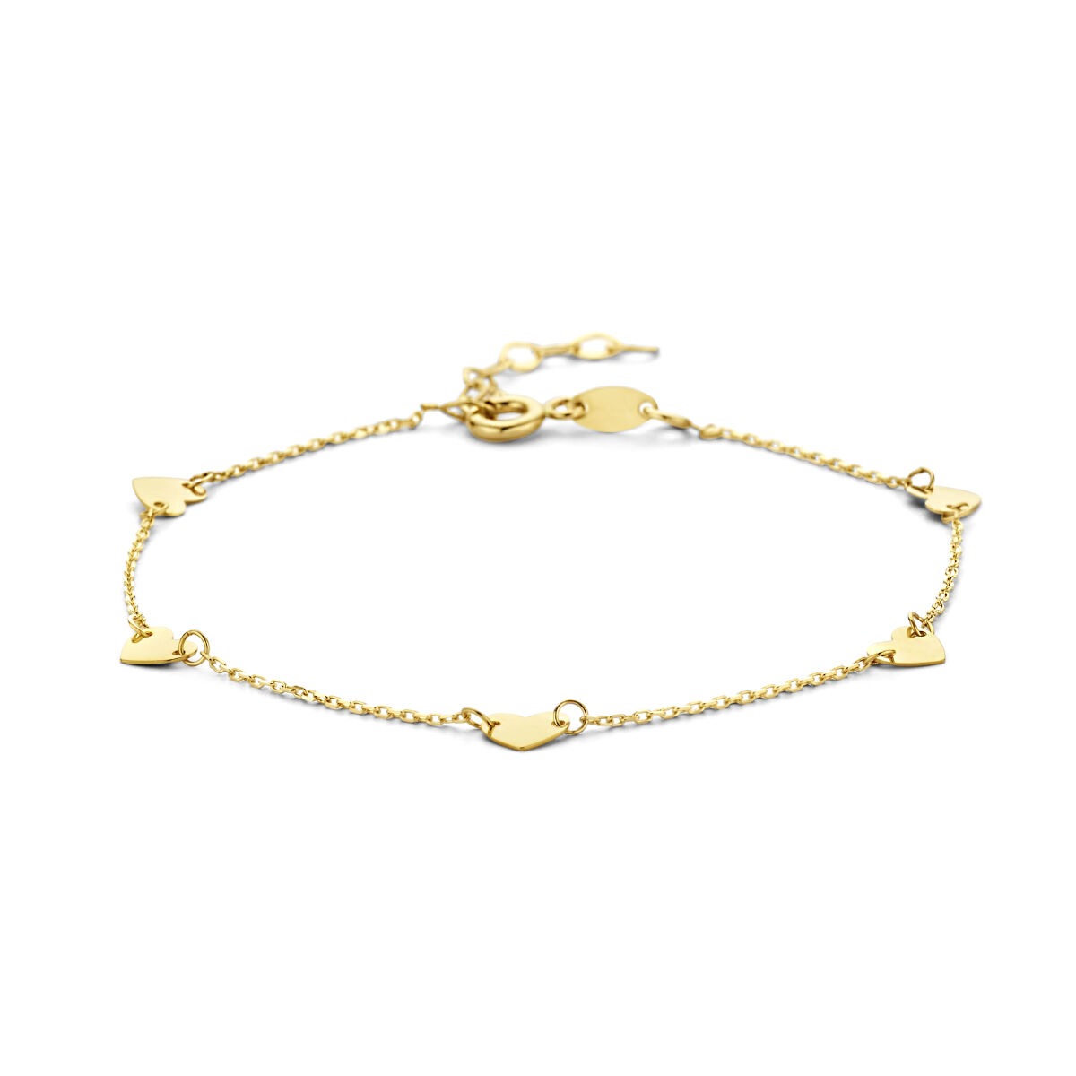 9k geelgouden armband met hartjes, fijn schakeldesign en een sluiting.