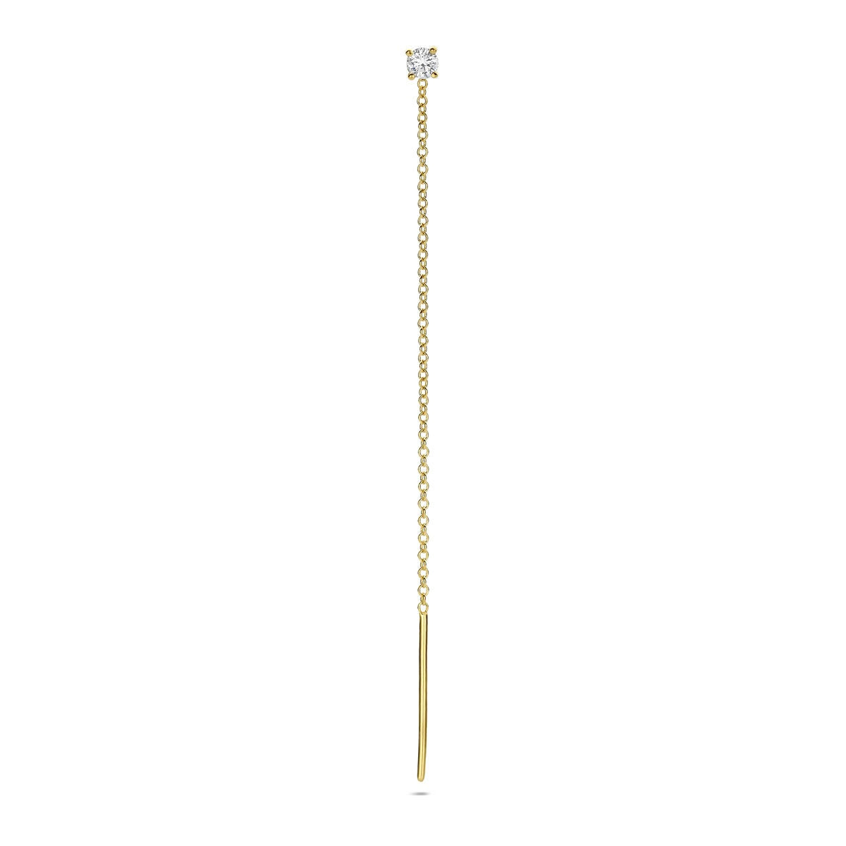 Geelgouden doortrekoorbel met een diamant en een lange kettingvormige hanger.