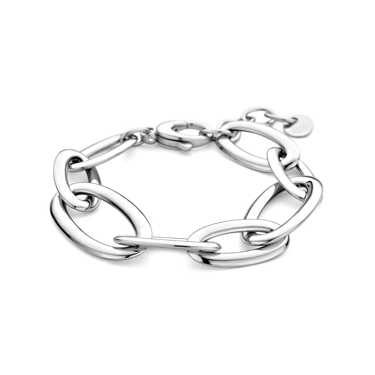 Gerhodineerde zilveren dames armband met brede anker schakels en een sluiting.
