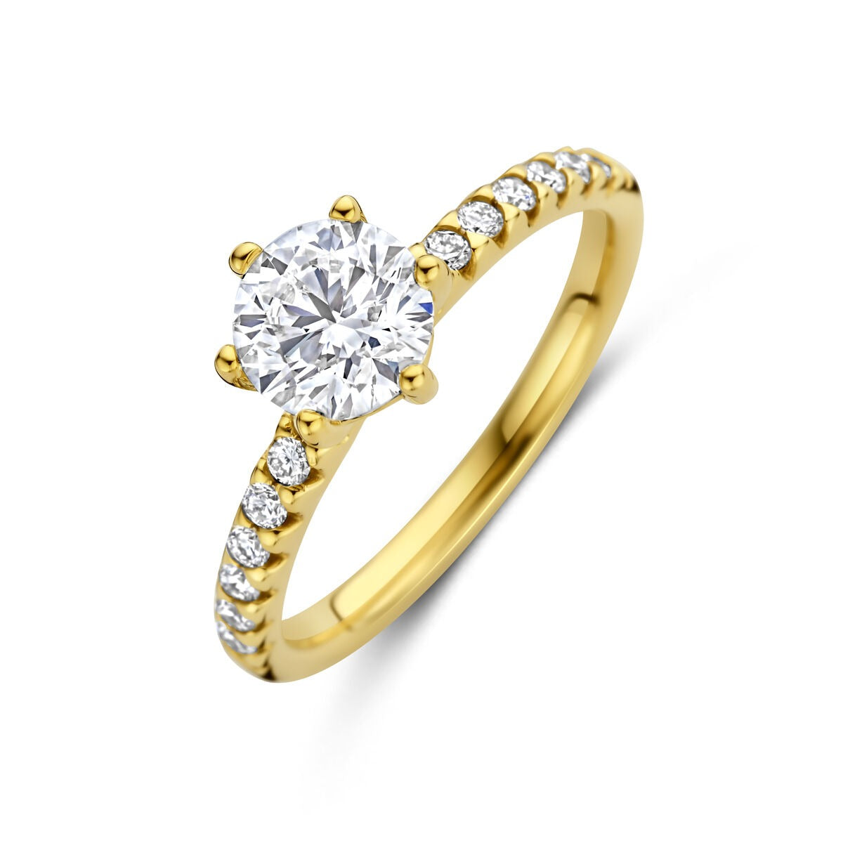 Gouden damesring van 14k geelgoud met een lab grown diamant en kleine steentjes aan de zijkanten.