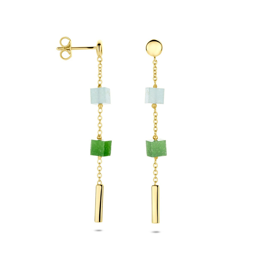 Gouden Oorhangers 14k met Blauw en Groen Kwartsiet – Dames