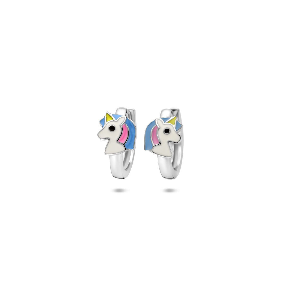 Zilveren klapoorringen voor kinderen met een kleurrijke emaille eenhoorn, 13 x 6 mm.