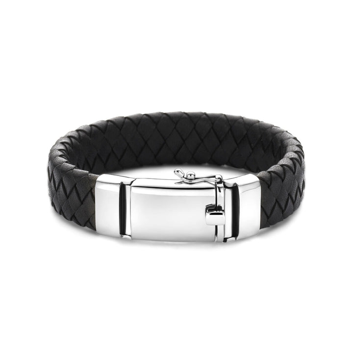 Leren Heren Armband Zwart met Gerhodineerd Zilver – 21 cm