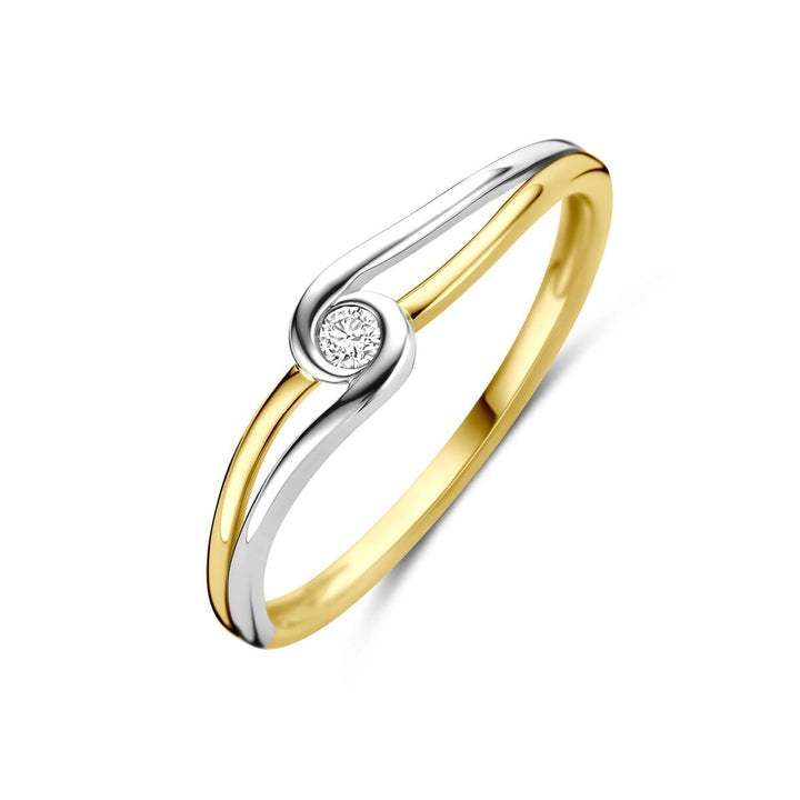 Bicolor gouden damesring met diamant – 14k geel- en witgoud