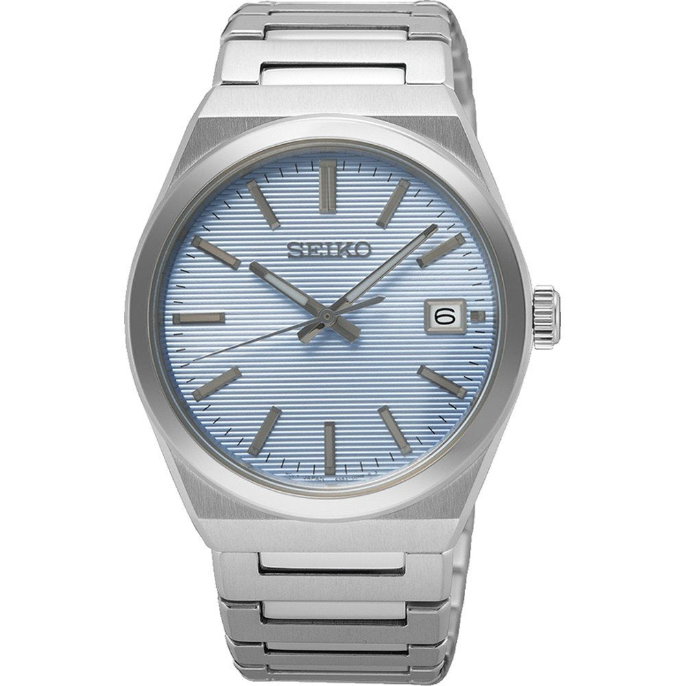 Heren horloge van staal met een lichtblauwe wijzerplaat, stalen band en datumweergave.