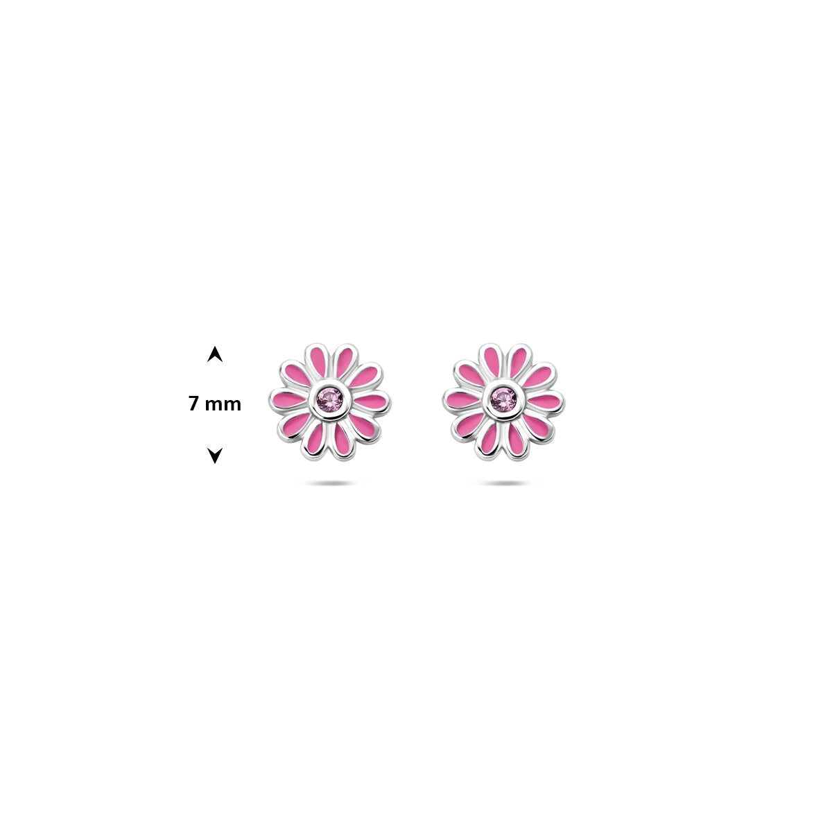 Zilveren oorknopjes bloem met roze zirkonia – gerhodineerd