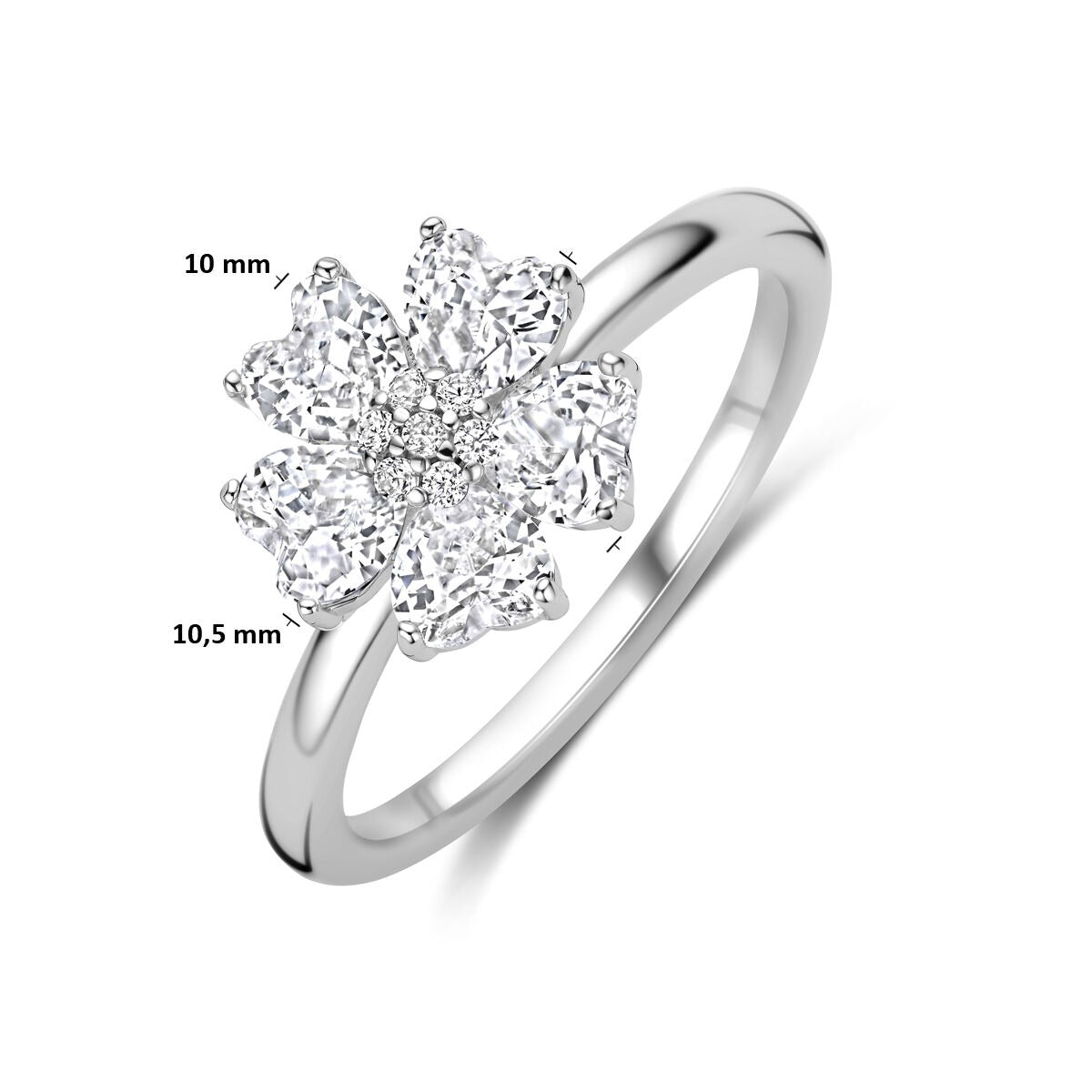Gerhodineerd zilveren dames ring met hartvormige zirkonia – 10 x 10,5 mm