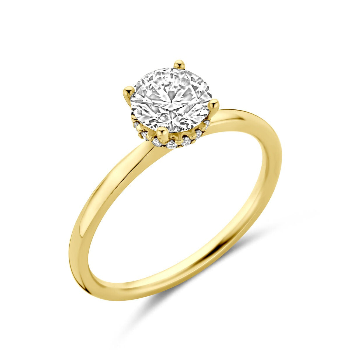 Geelgouden ring met een ronde lab grown diamant van 1.07 ct in een zes-punts zetting.