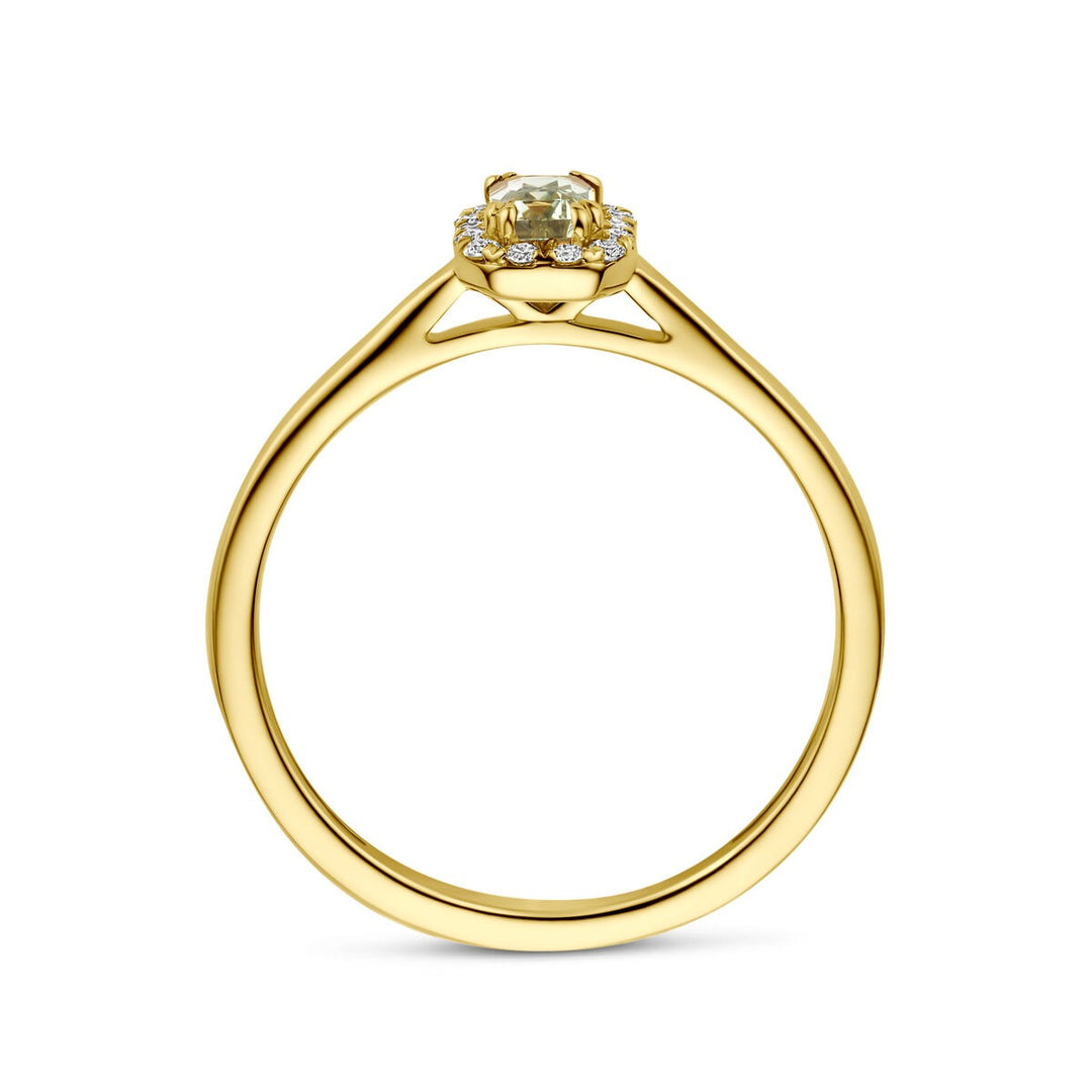 14k Geelgouden entourage ring met groene amethist en lab grown diamant