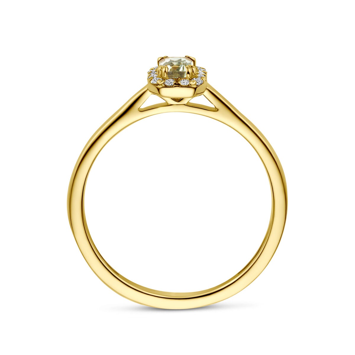 14k Geelgouden entourage ring met groene amethist en lab grown diamant