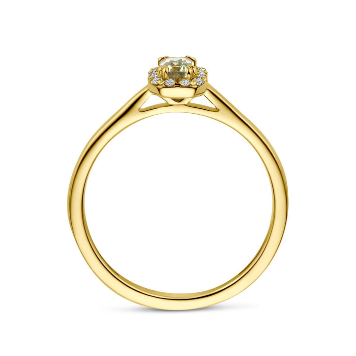 14k Geelgouden entourage ring met groene amethist en lab grown diamant