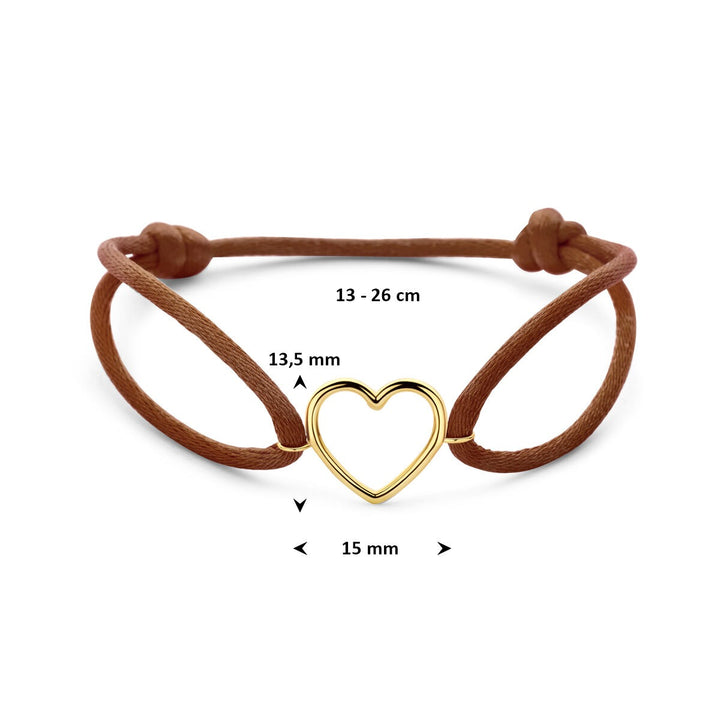 Bruine satijnen dames armband met 14k geelgouden hartje – Elegant gebaar van liefde in warme tinten
