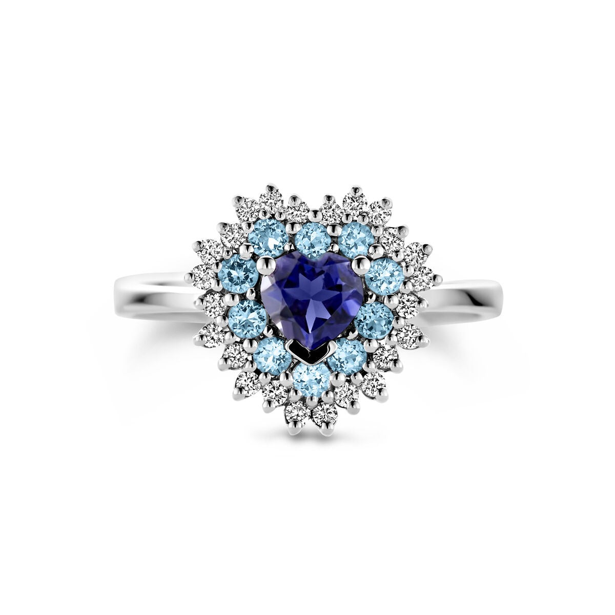 Witgouden ring met hartvorm – London blue topaas, ioliet en diamant