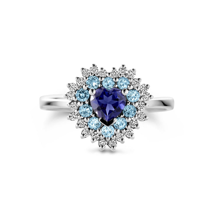 Witgouden ring met hartvorm – London blue topaas, ioliet en diamant