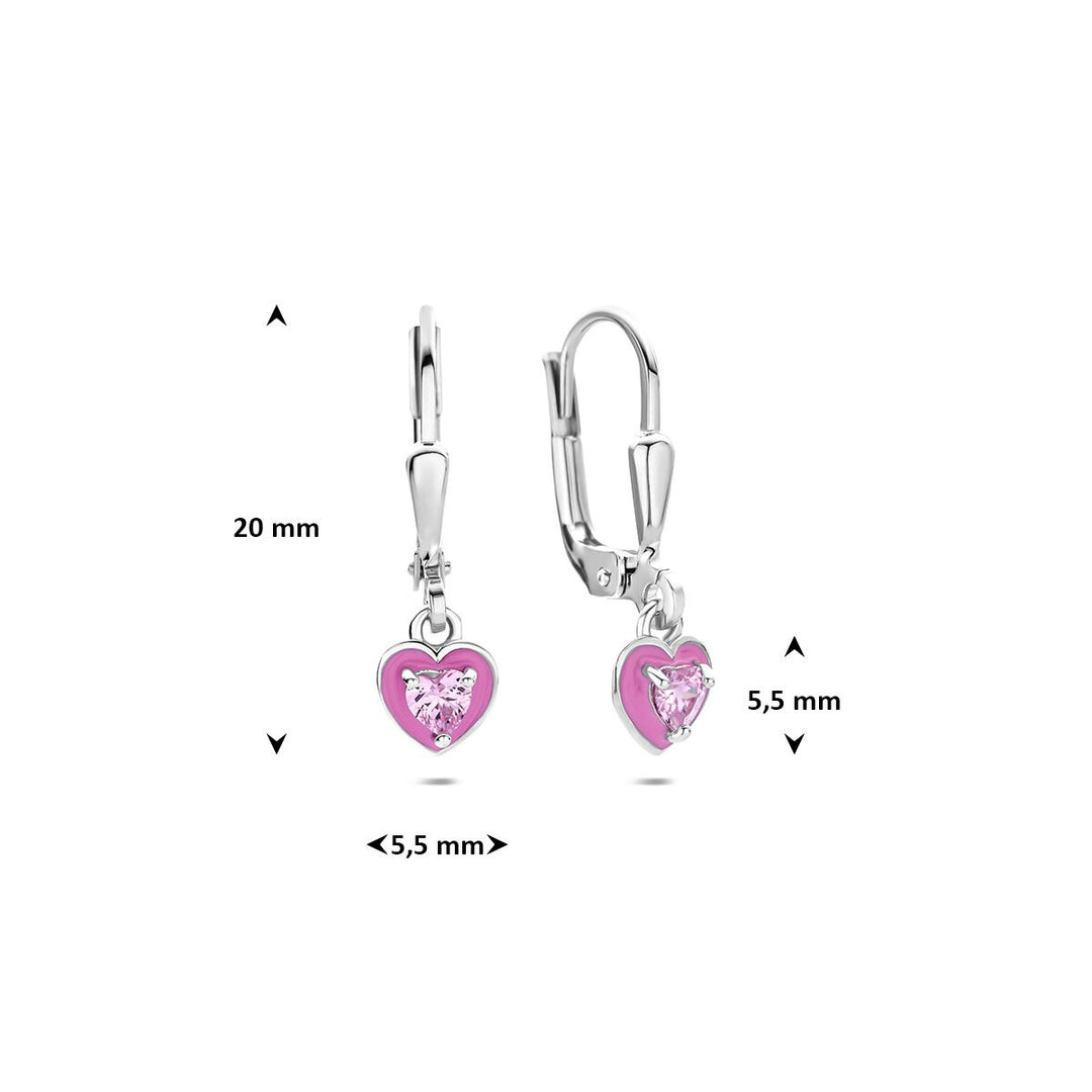 Gerhodineerd 925 zilveren hart oorhangers met roze emaille en zirkonia