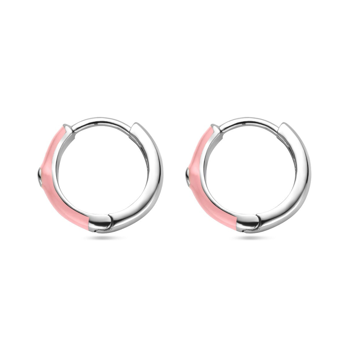 Zilveren klapoorringen van 15 mm met roze emaille en zirkonia, gerhodineerd afwerking.