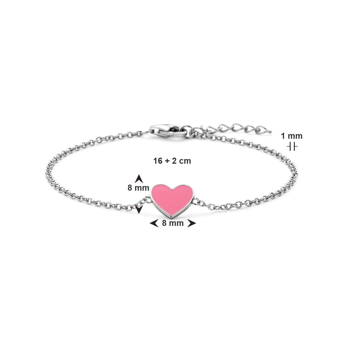 bracelet heart pink enamel 16 + 2 cm silver rhodium plated